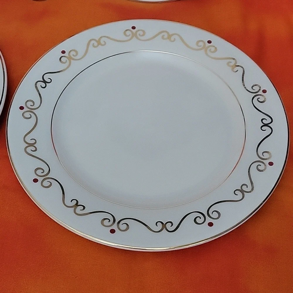 Pier 1 Set of 4 Holiday Scroll Salad Plates Gold Rimmed Ivory Red Dot